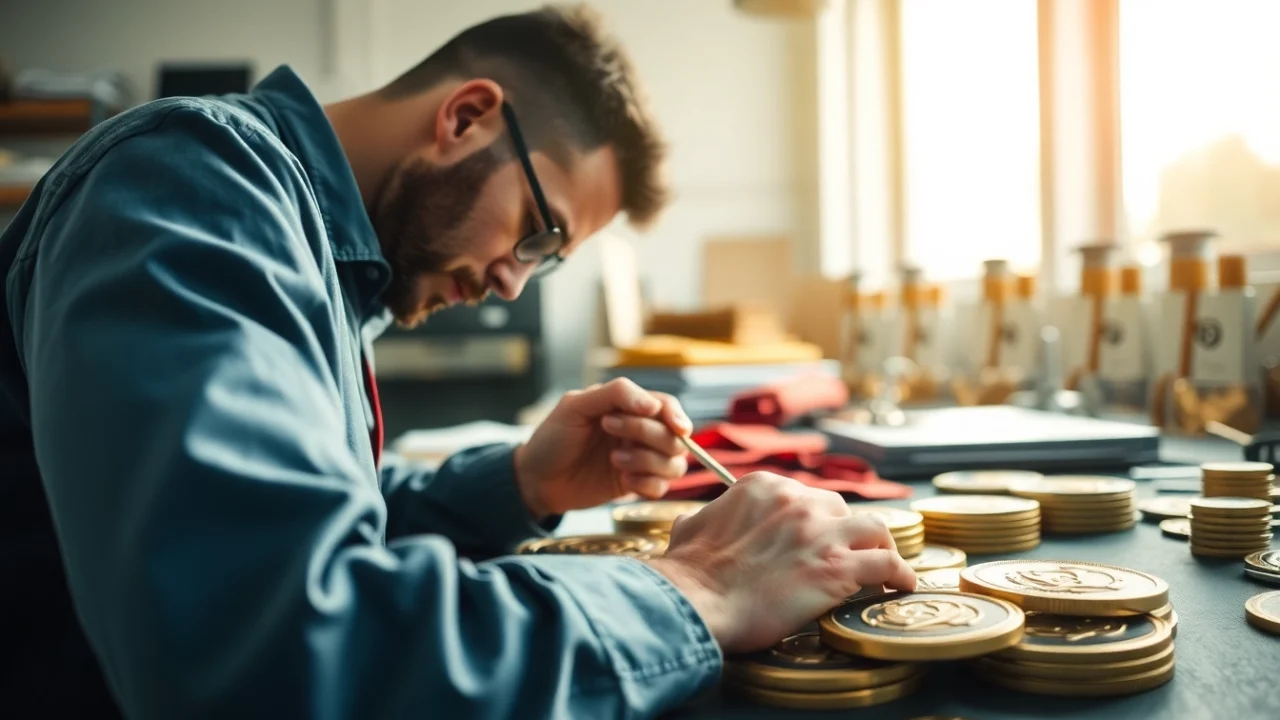 Médailles artisanales en cours de création avec des matériaux précieux et une attention aux détails.