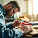 Médailles artisanales en cours de création avec des matériaux précieux et une attention aux détails.