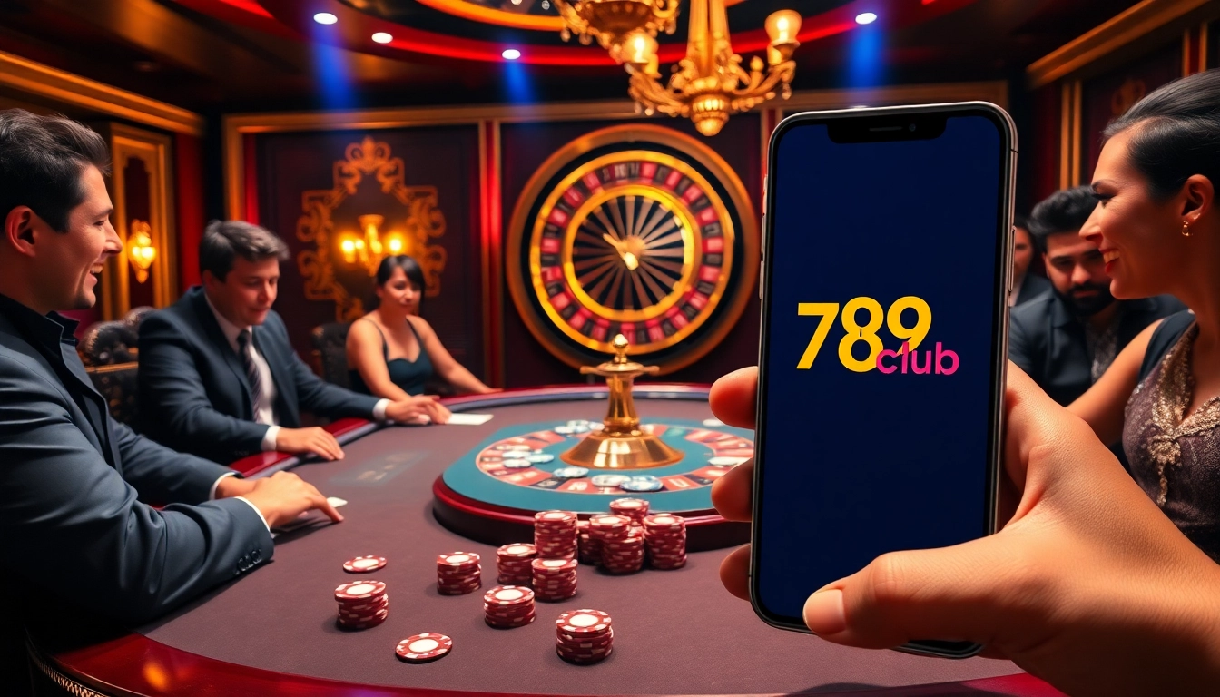 Players enjoying a thrilling poker game at 789club casino, showcasing vibrant chips and cards.