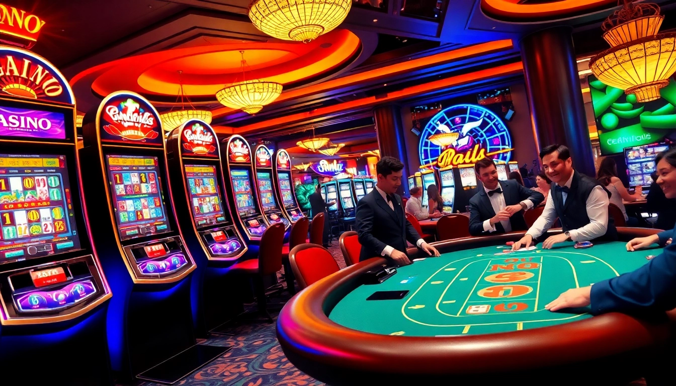 Jouer aux machines à sous dans un casino en ligne, ambiance vibrante et croupiers heureux.