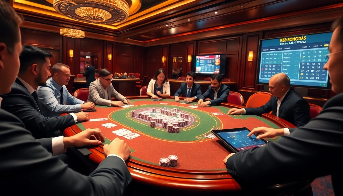 Engaging players strategizing kèo bóng đá at a luxurious casino table with live betting.