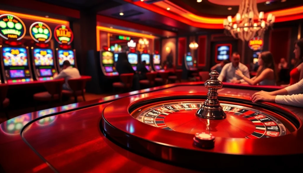 Experience the excitement of RED88 with players at the gaming table and vibrant slot machines.