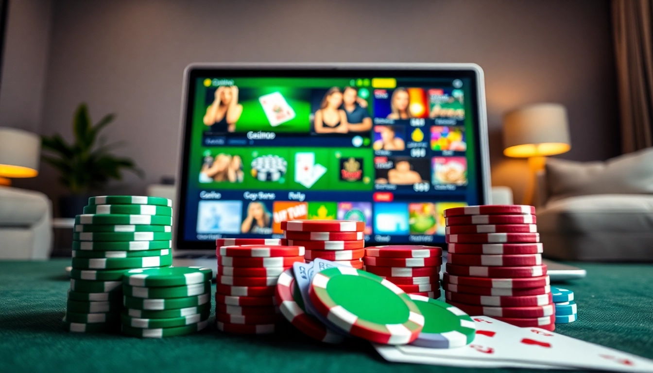 Des jeux de casino en ligne captivants illustrés avec des jetons et des cartes colorés.