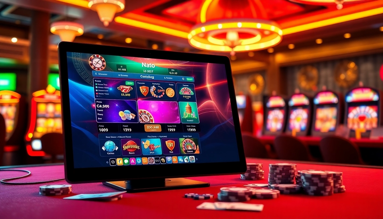 Jouez à casino en ligne sur un écran moderne entouré de jets de lumière colorés.