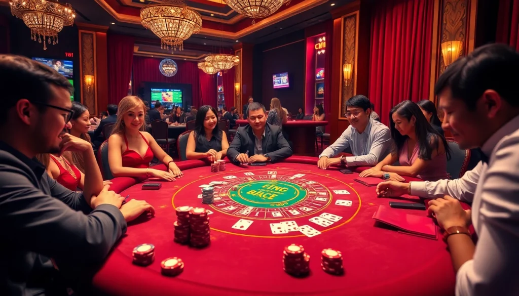 Players enjoying a lively baccarat game at QQ88 casino, showcasing luxury and excitement.