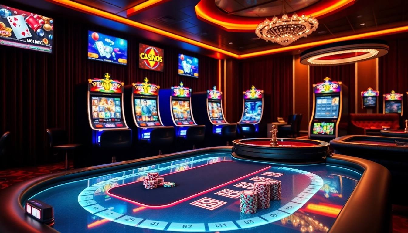 Découvrez l'excitation du casino en ligne Français à une table de jeu luxueuse remplie de jetons de poker et de machines à sous lumineuses.