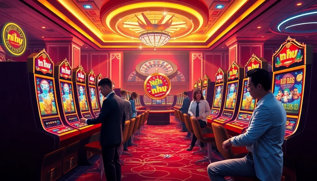 Nổ hũ excitement in a vibrant casino with players engaged at slot machines.