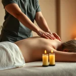 집에서 전문 태국 마사지사와 함께하는 평택출장마사지, 촛불과 오일로 차분한 분위기.