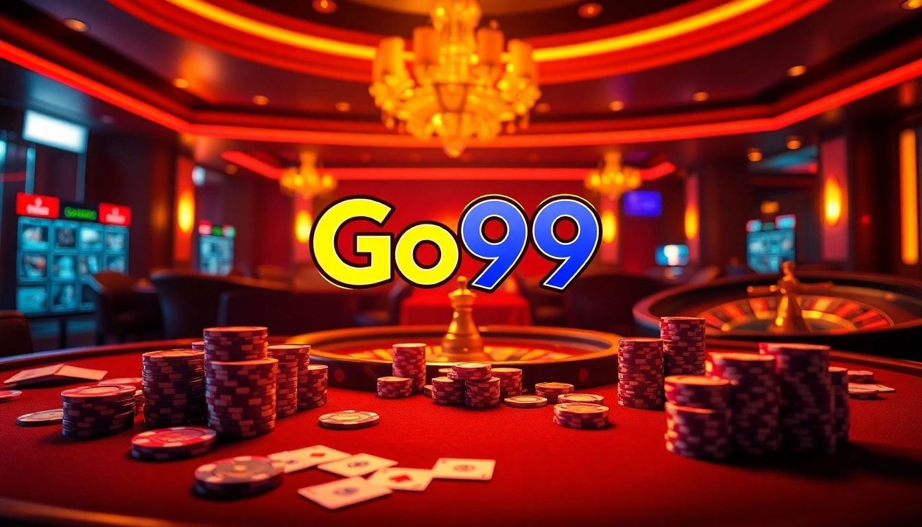 Players engaging in exciting games at Go99 casino with poker chips, cards, and roulette wheels.