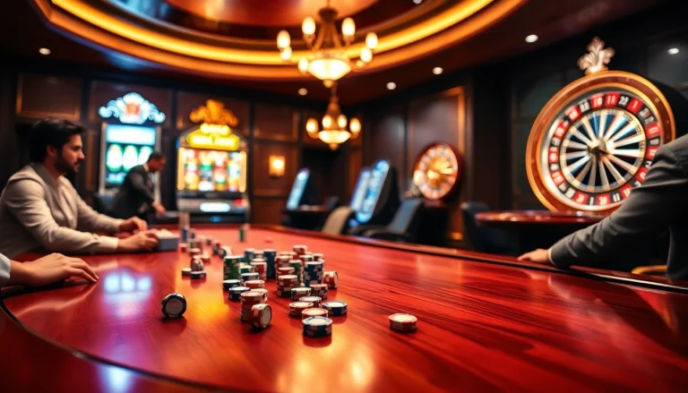 Engaging in a vibrant casino atmosphere at https://lode88.ae/, featuring exciting gaming tables and glowing slot machines.