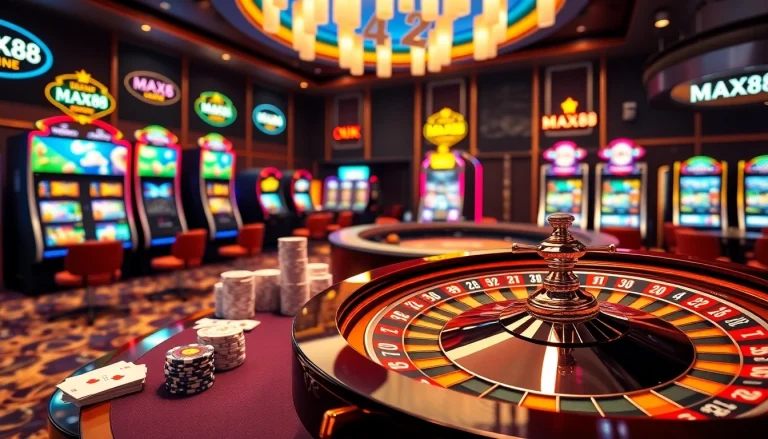 MAX88 players enjoy a thrilling casino atmosphere with roulette wheels and poker tables.