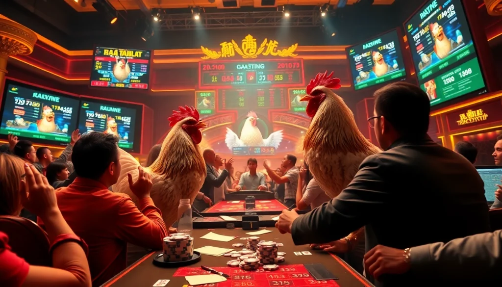 Experience the thrill of đá gà trực tiếp in a vibrant casino atmosphere full of excitement and betting action.