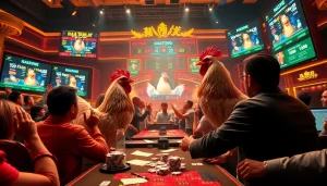 Experience the thrill of đá gà trực tiếp in a vibrant casino atmosphere full of excitement and betting action.