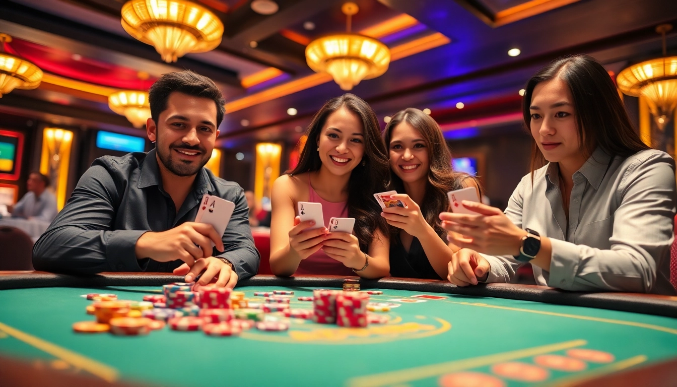 Les joueurs profitent d'une expérience amusante de casino en ligne avec des jetons colorés et des cartes.