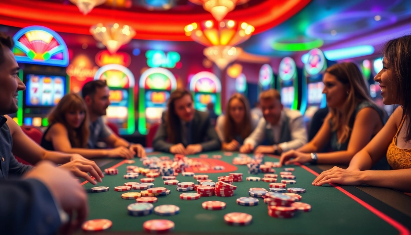 Joueurs captivés par un jeu de casino en ligne dans un cadre lumineux et vibrant.