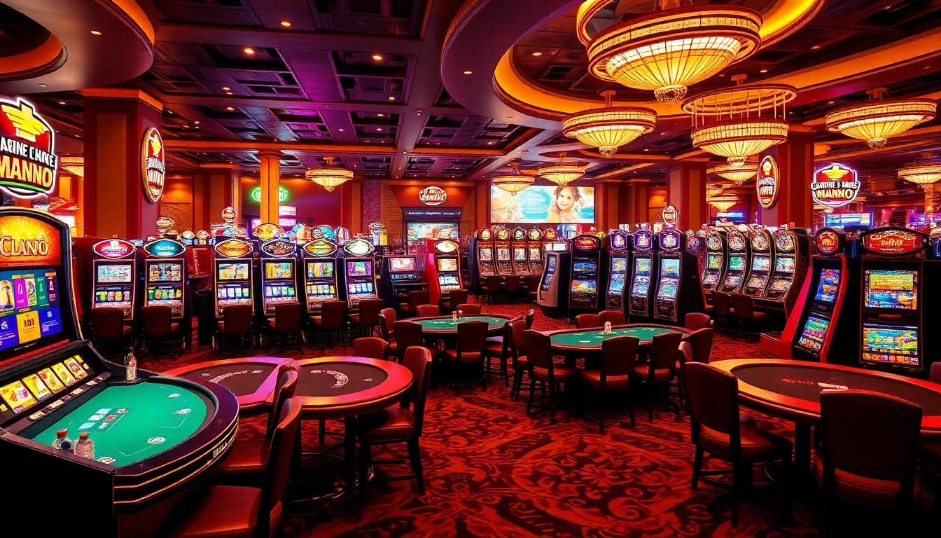 Jouer à des jeux captivants de casino en ligne avec des lumières vives et des machines à sous colorées.
