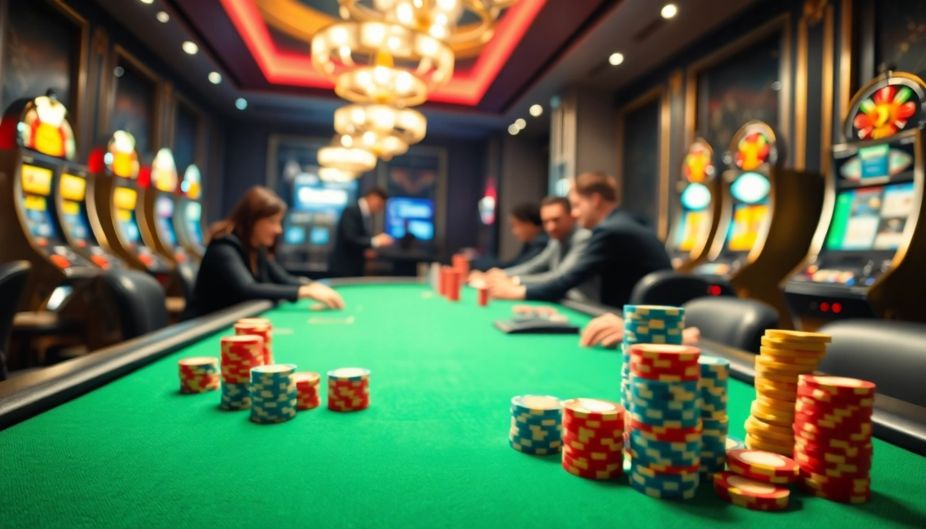 Jouez au casino en ligne avec des joueurs à une table de poker moderne et des machines à sous vintage.