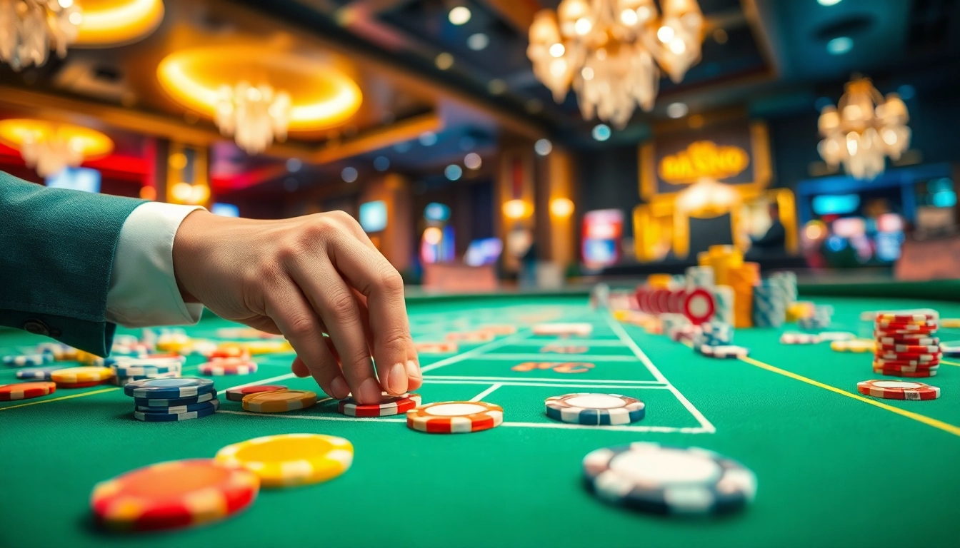 Les joueurs s'engagent dans des jeux de casino en ligne avec des jetons colorés sur la table.