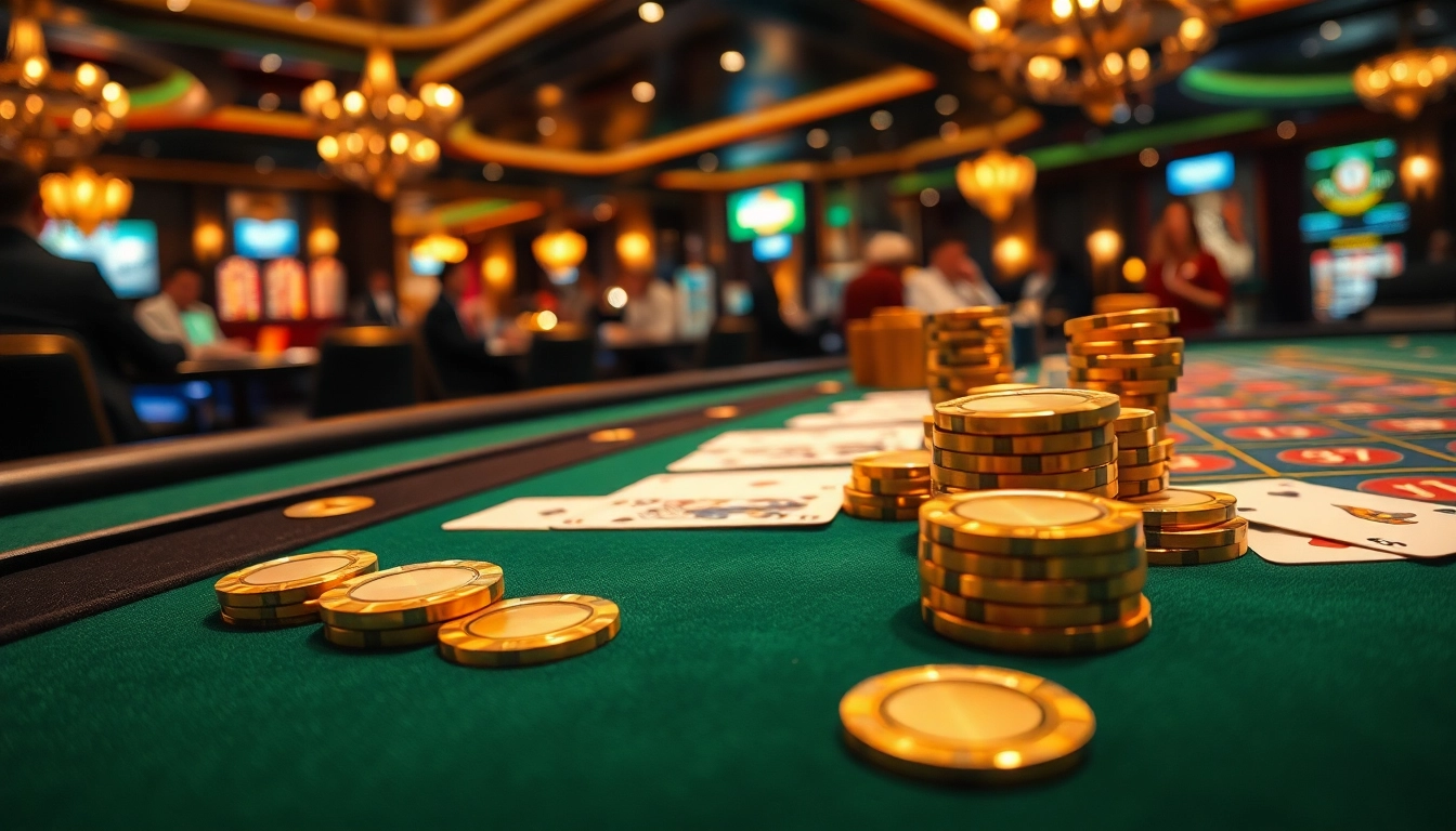 Jouer à casino en ligne sur une table de jeu vibrante avec des jetons et des cartes.
