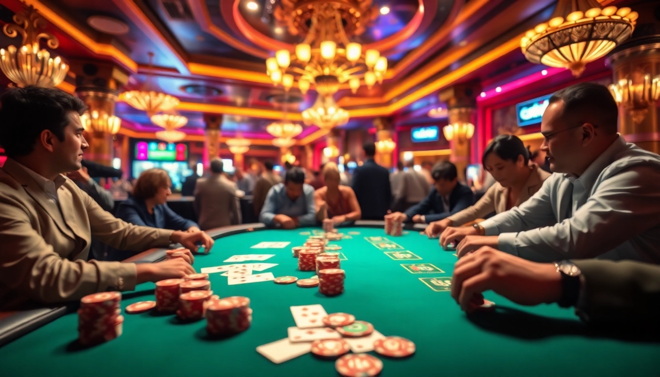 Les joueurs concentrés au casino en ligne autour d'une table de poker remplie de jetons et cartes.