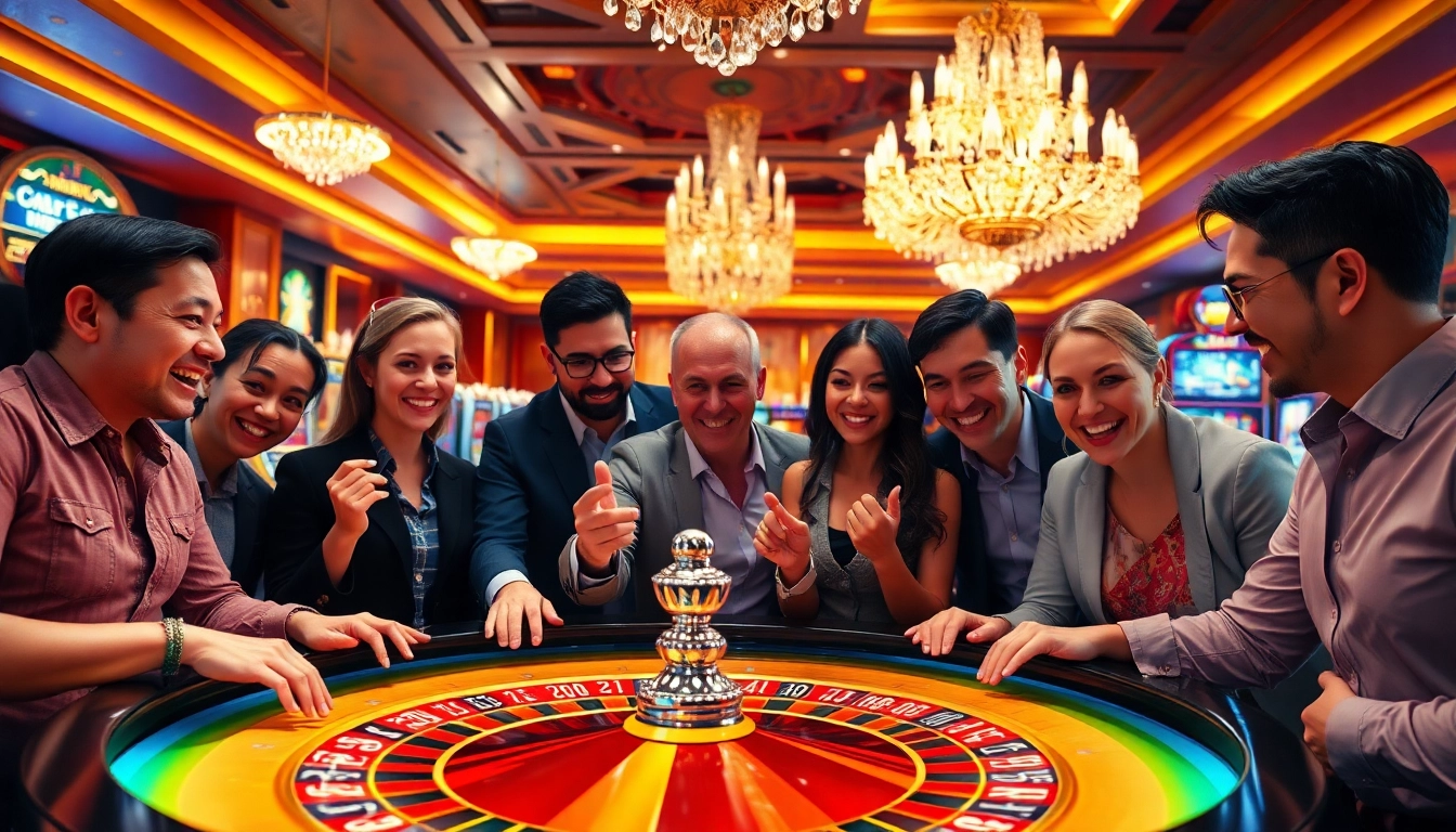 Profitez du casino en ligne avec des joueurs enthousiastes autour d'une table de roulette animée.