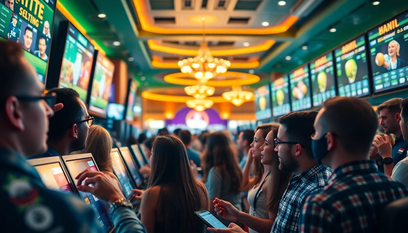 Miser sur son site de paris sportif dans un casino animé avec des participants enthousiastes.