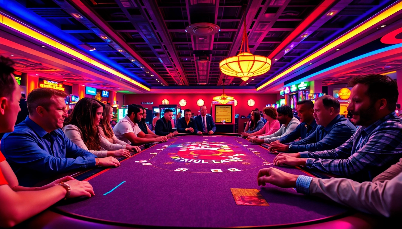 Vue d'un casino en ligne avec joueurs concentrés et table de jeux lumineuse.