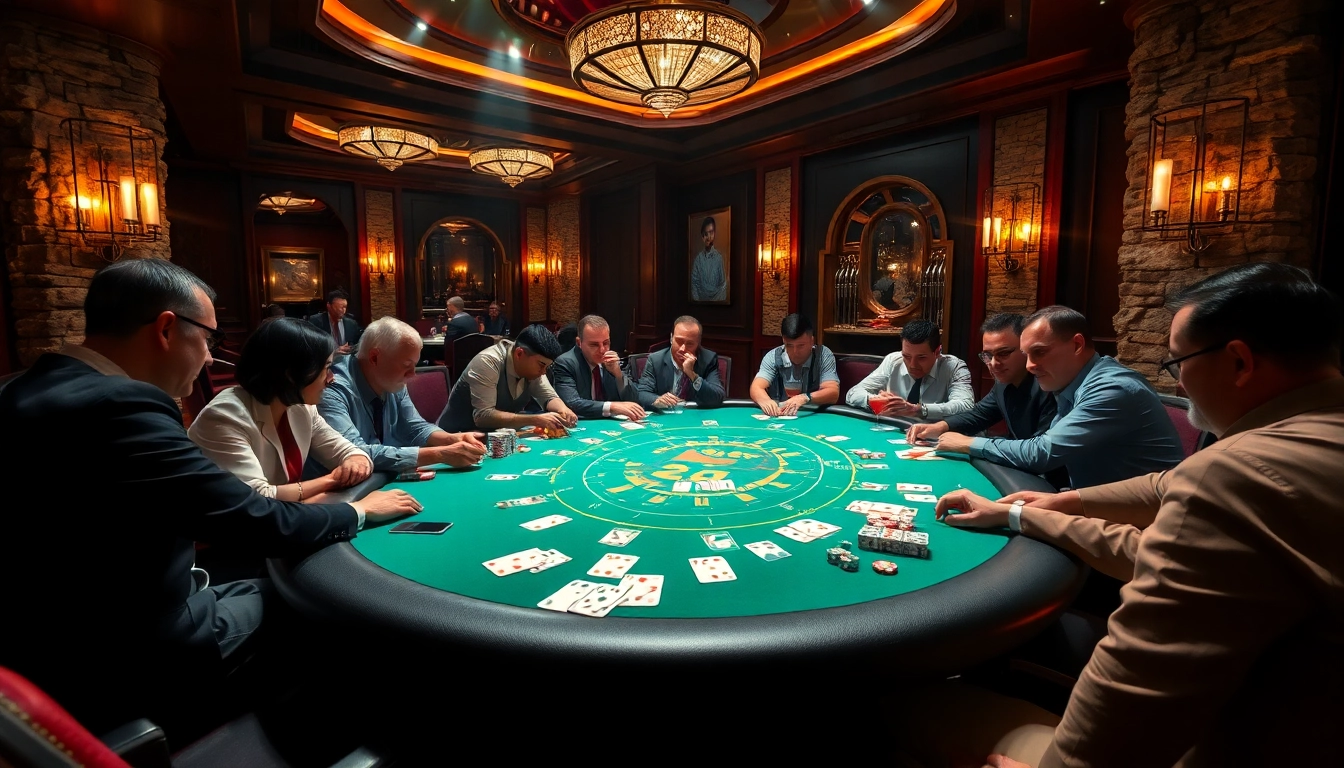 Casino en ligne : Tableau animé de joueurs concentrés autour d'une table de poker dans une ambiance luxueuse.