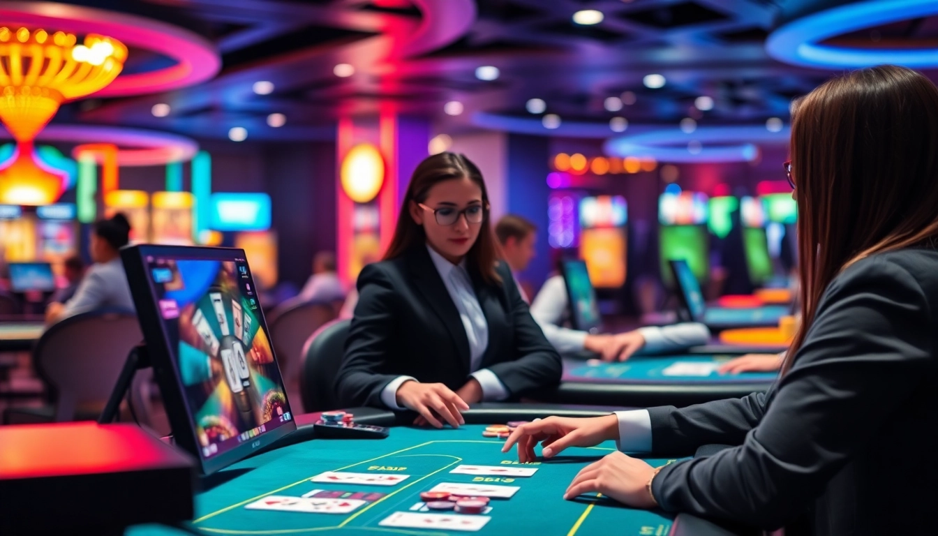 Un joueur concentré sur le casino en ligne avec un éclairage moderne et des éléments vibrants