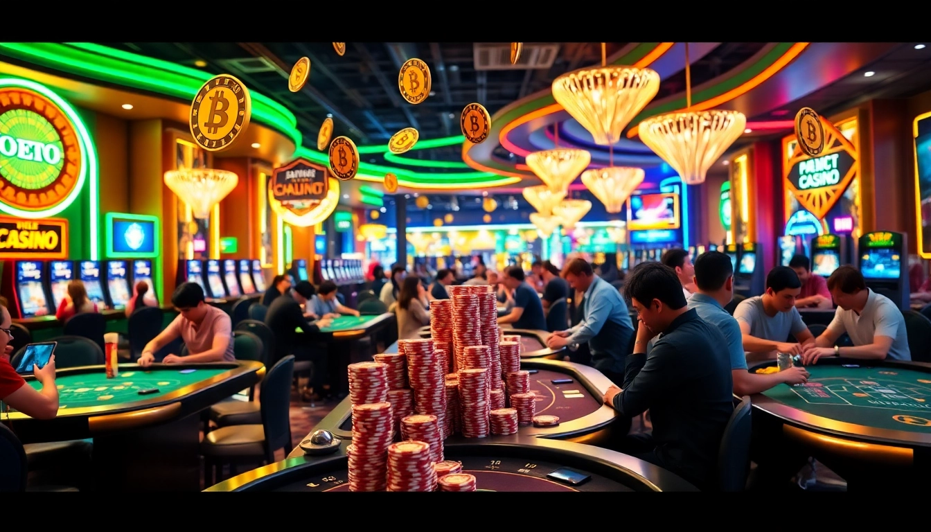 Joueurs passionnés au crypto casino avec des tables lumineuses et des jetons en action.