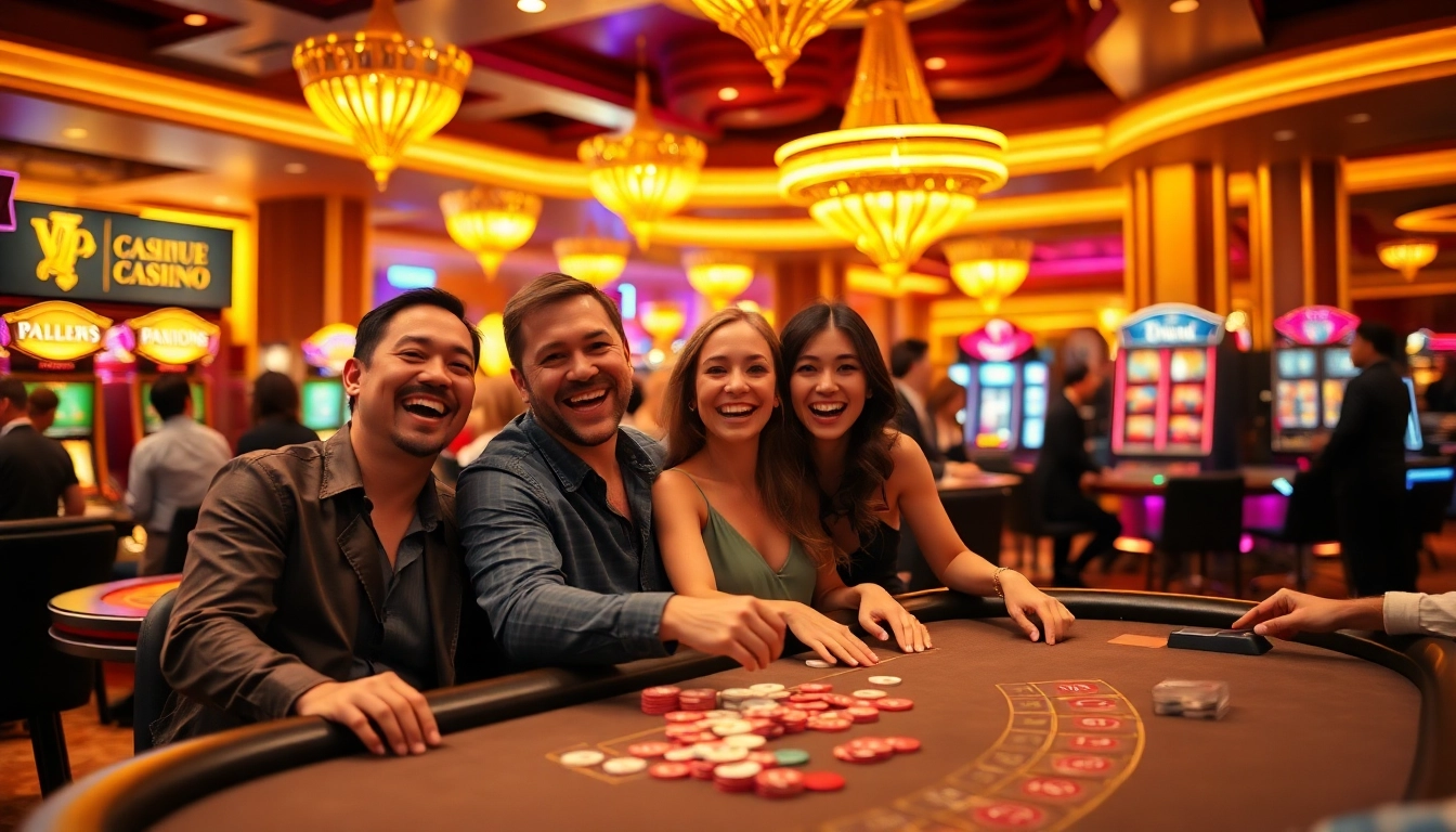 Profitez d'une expérience de casino en ligne dynamique avec des joueurs célébrant leurs gains.