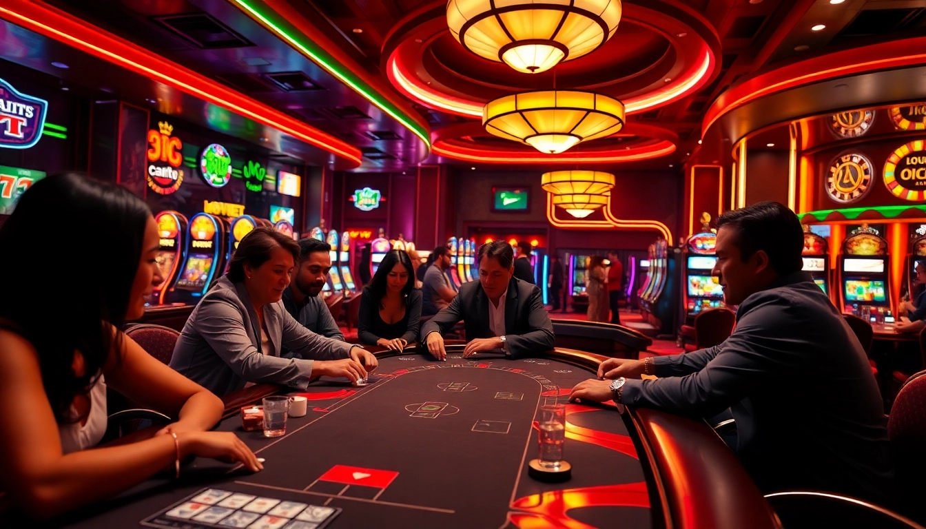Joueurs s'affrontant au casino en ligne dans un décor luxueux et vibrant.