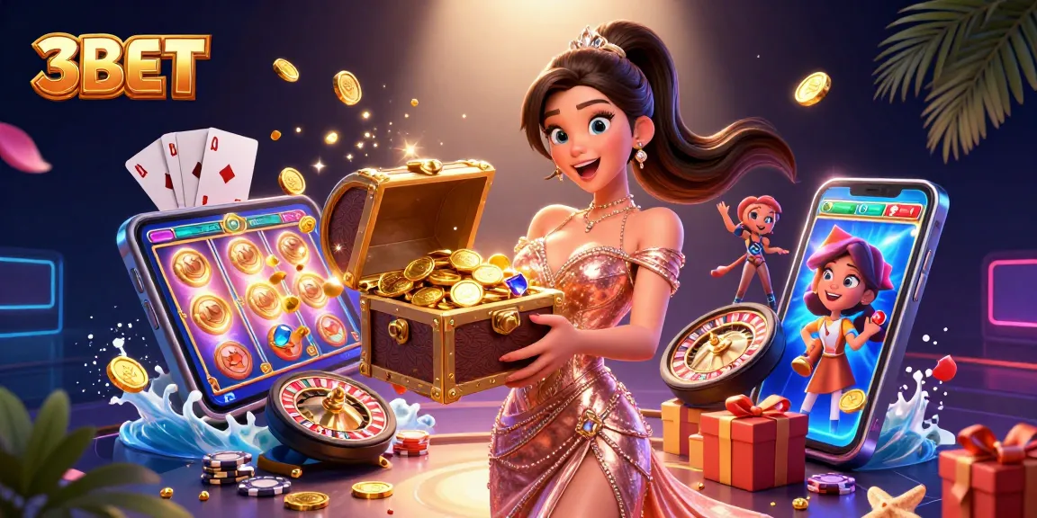 Experience the thrill of 3BET with a dazzling treasure chest overflowing with rewards amid a vibrant casino atmosphere.