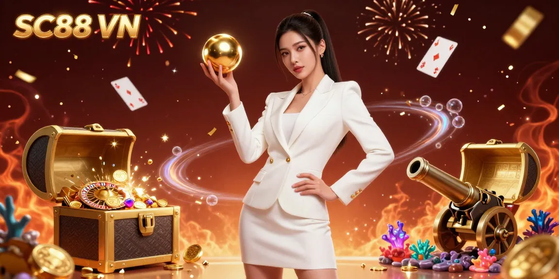Experience the thrill of SC88 VN with a glamorous Asian dealer amidst vibrant casino elements, showcasing winning potential.