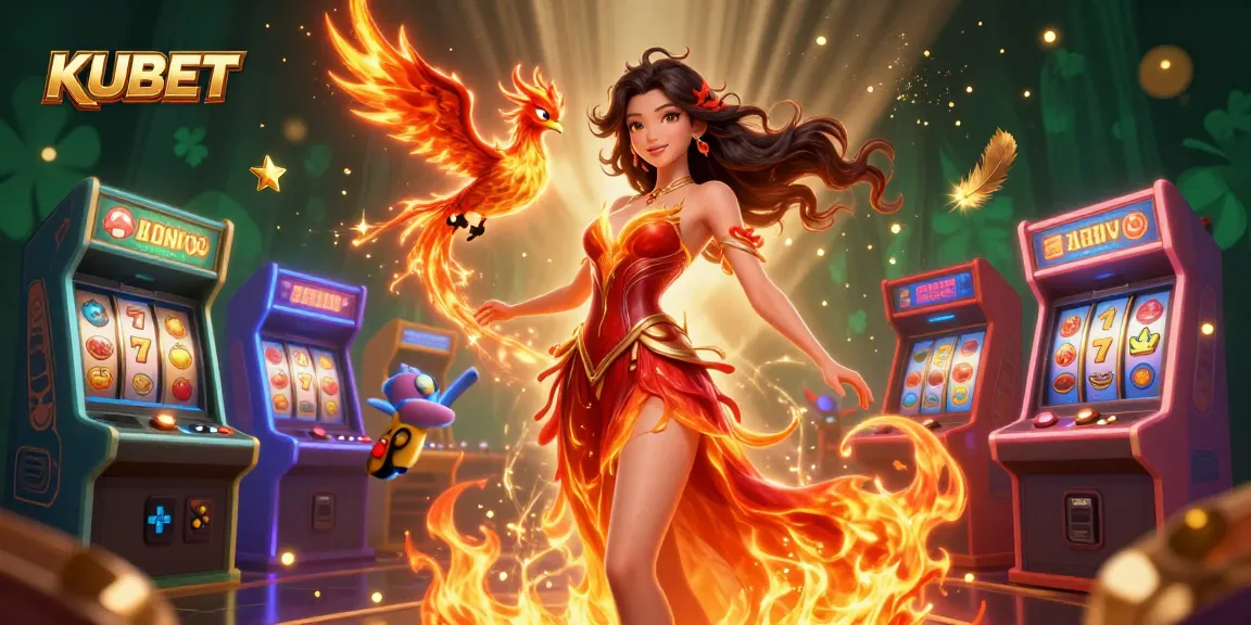 KUBET showcases a stunning Asian woman in a fiery gown, flanked by casino elements and vibrant game machines.