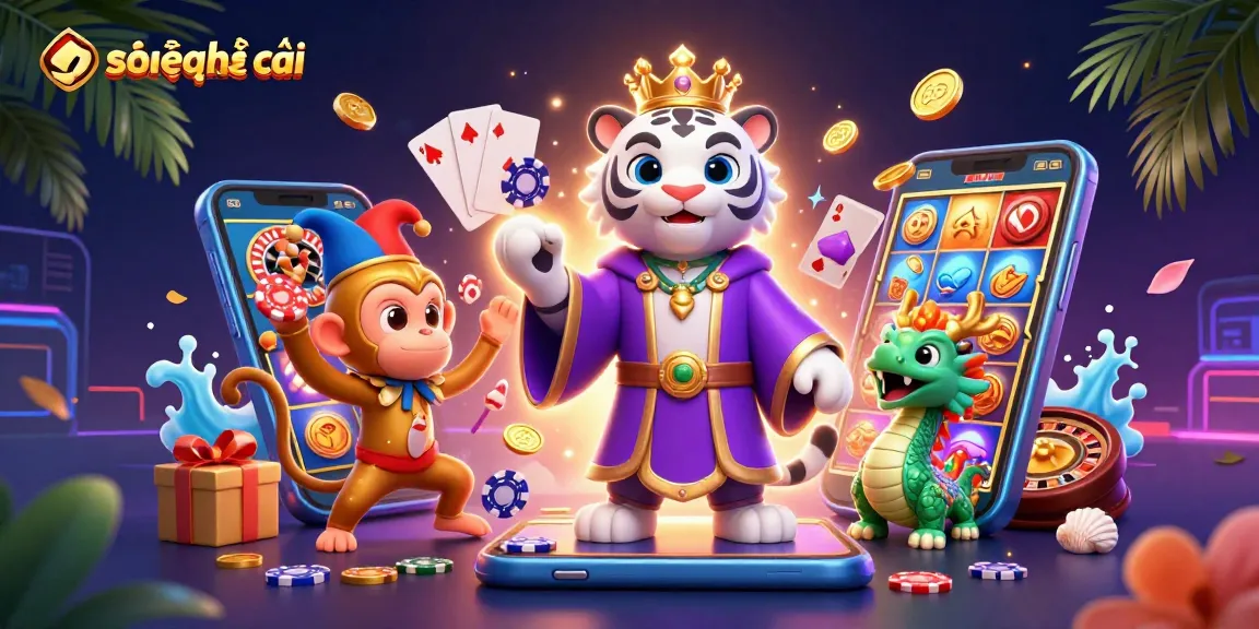 Soi kèo nhà cái featured in vibrant casino-themed illustration, showcasing a majestic white tiger and playful monkey amidst gaming excitement.