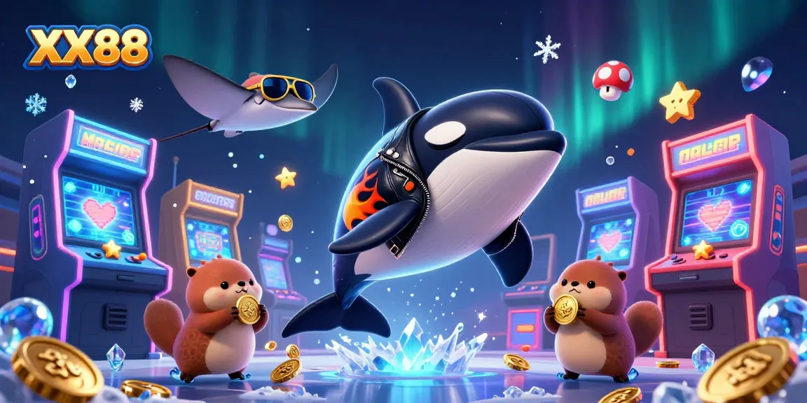 Join XX88 for thrilling gaming as a cartoon orca leaps, surrounded by vibrant casino elements.
