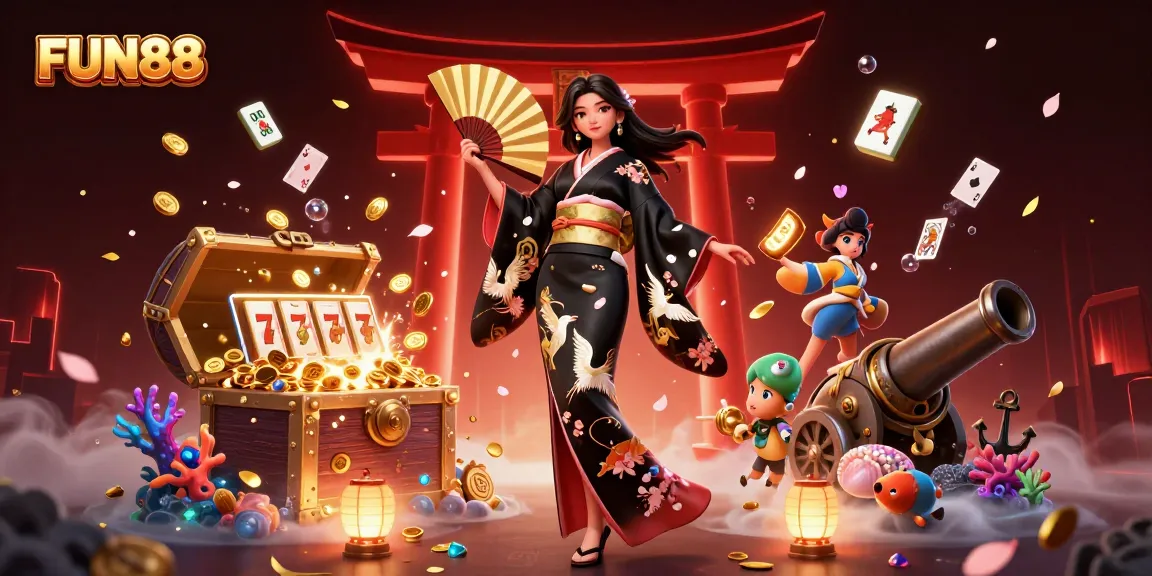 Engaging FUN88 gaming scene showcasing a skilled Asian woman in a kimono surrounded by vibrant slot machines and treasures.