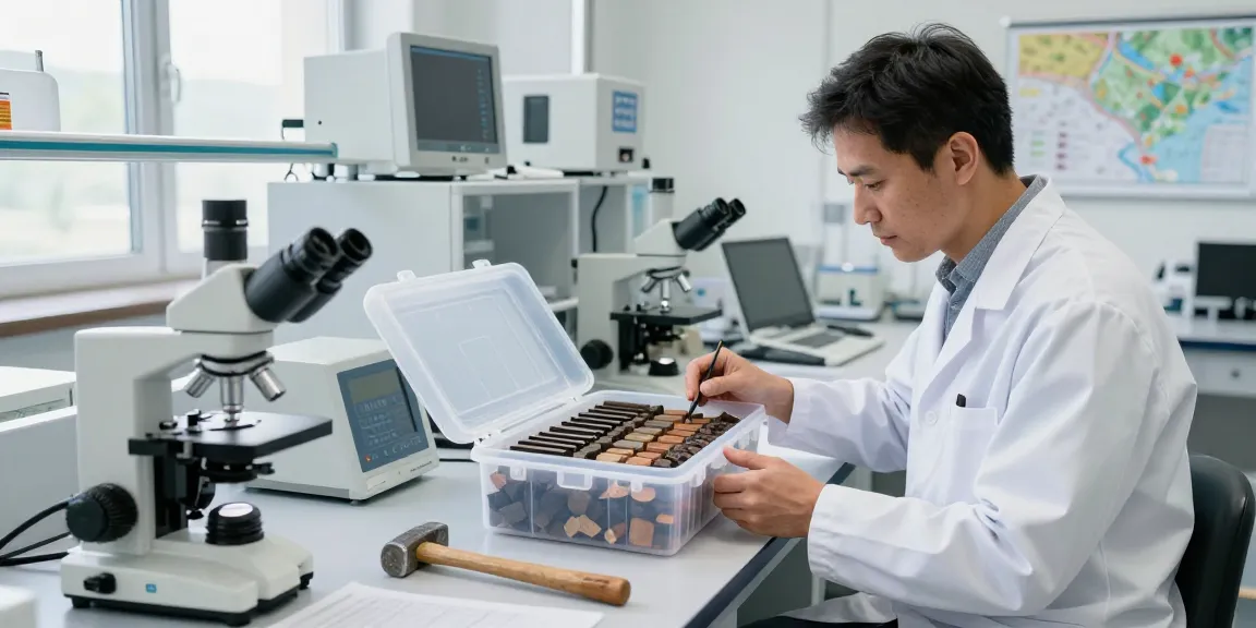 Géologue examinant une boîte à carottes de forage remplie d'échantillons de carottes organisés dans un laboratoire moderne.