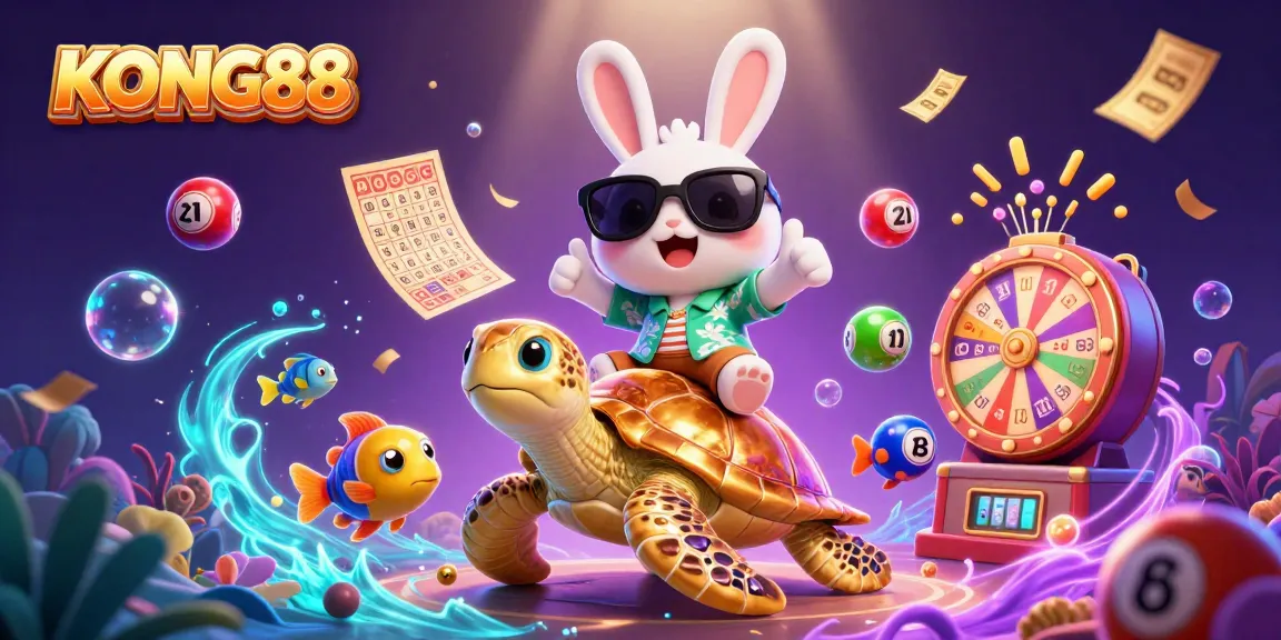 KONG88 offers thrilling gameplay featuring a lucky rabbit and a golden turtle amidst lottery action.