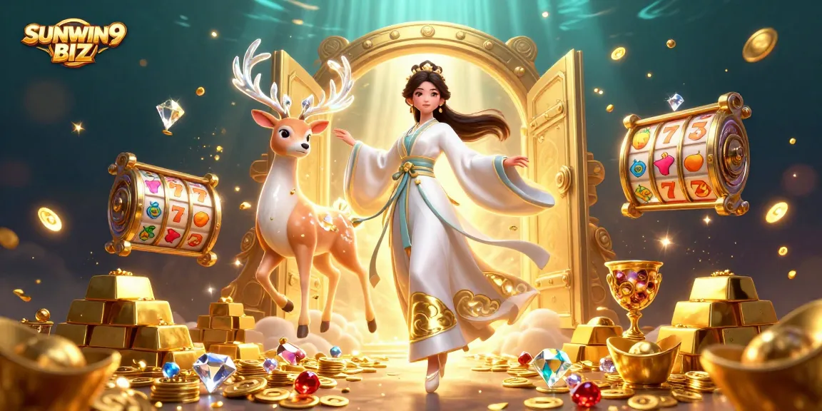 Engage with exciting slots and jackpots at SUNWIN9 BIZ, featuring a vibrant 3D illustration packed with gold and gems.