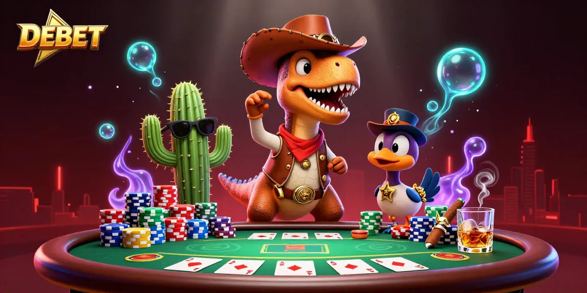 Engage with DEBET's thrilling poker scene featuring a T-Rex dealer amidst vibrant casino elements.