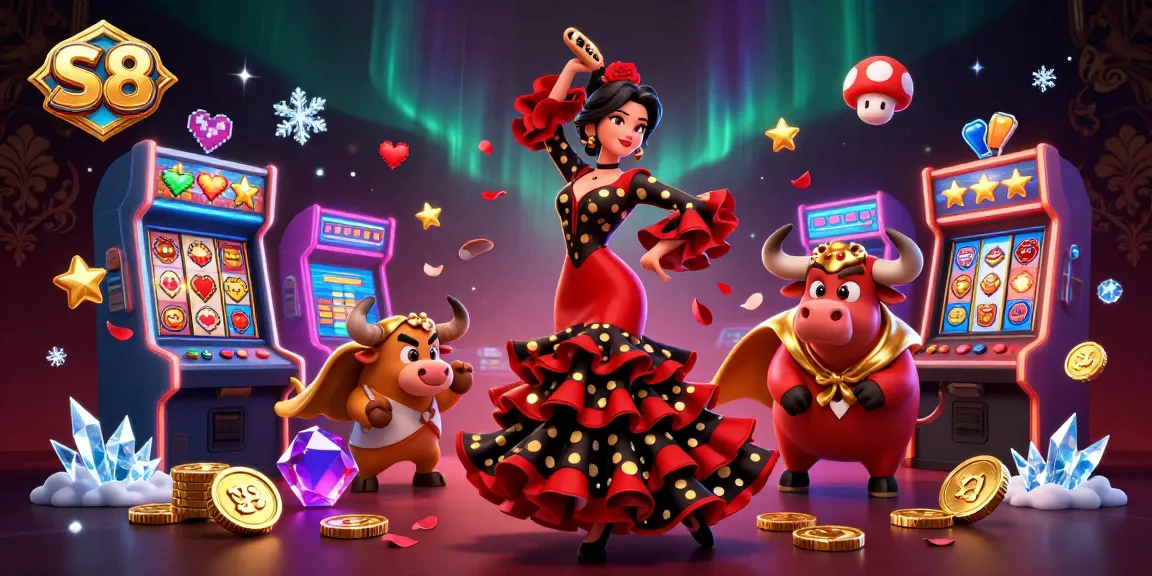 S8 gamblers absorb the excitement of a vibrant casino scene filled with slots and joyful animations.