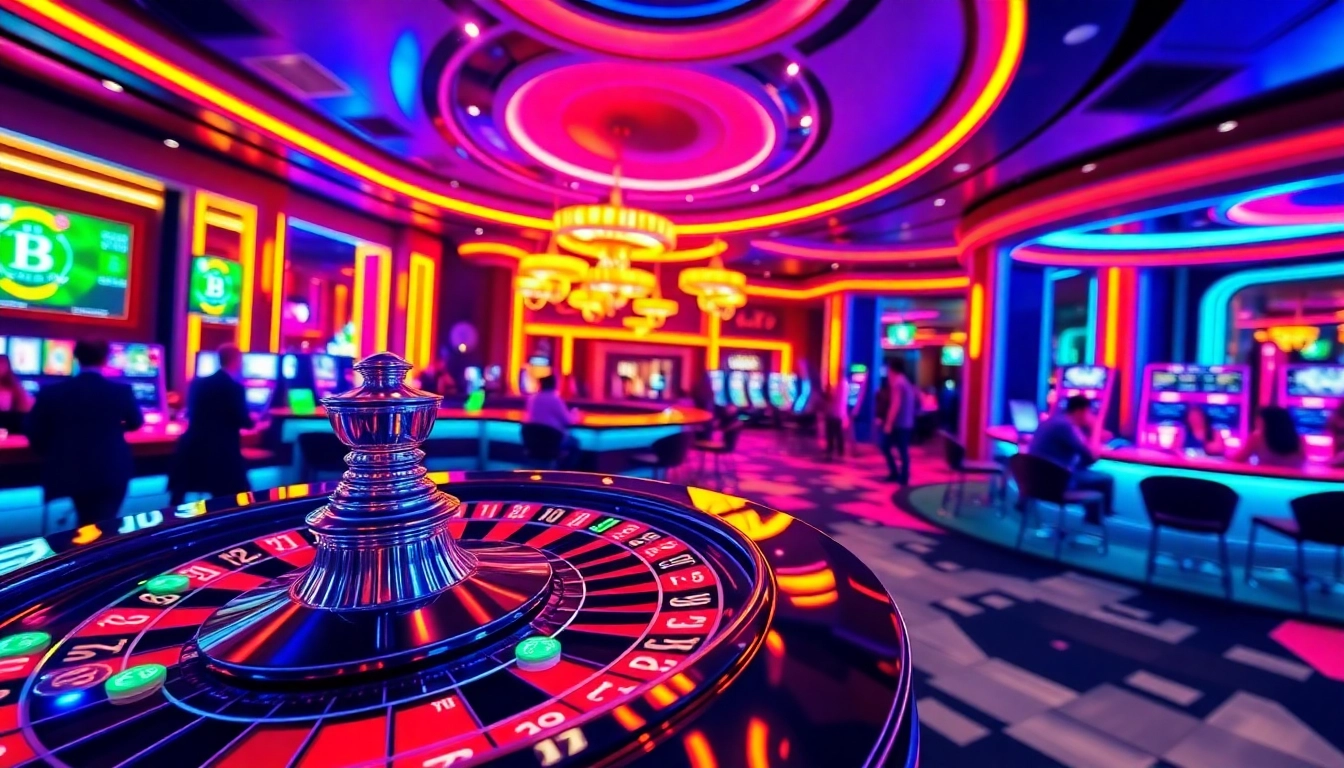 Profiter de l'expérience d'un crypto casino avec des lumières vives et un intérieur luxueux.