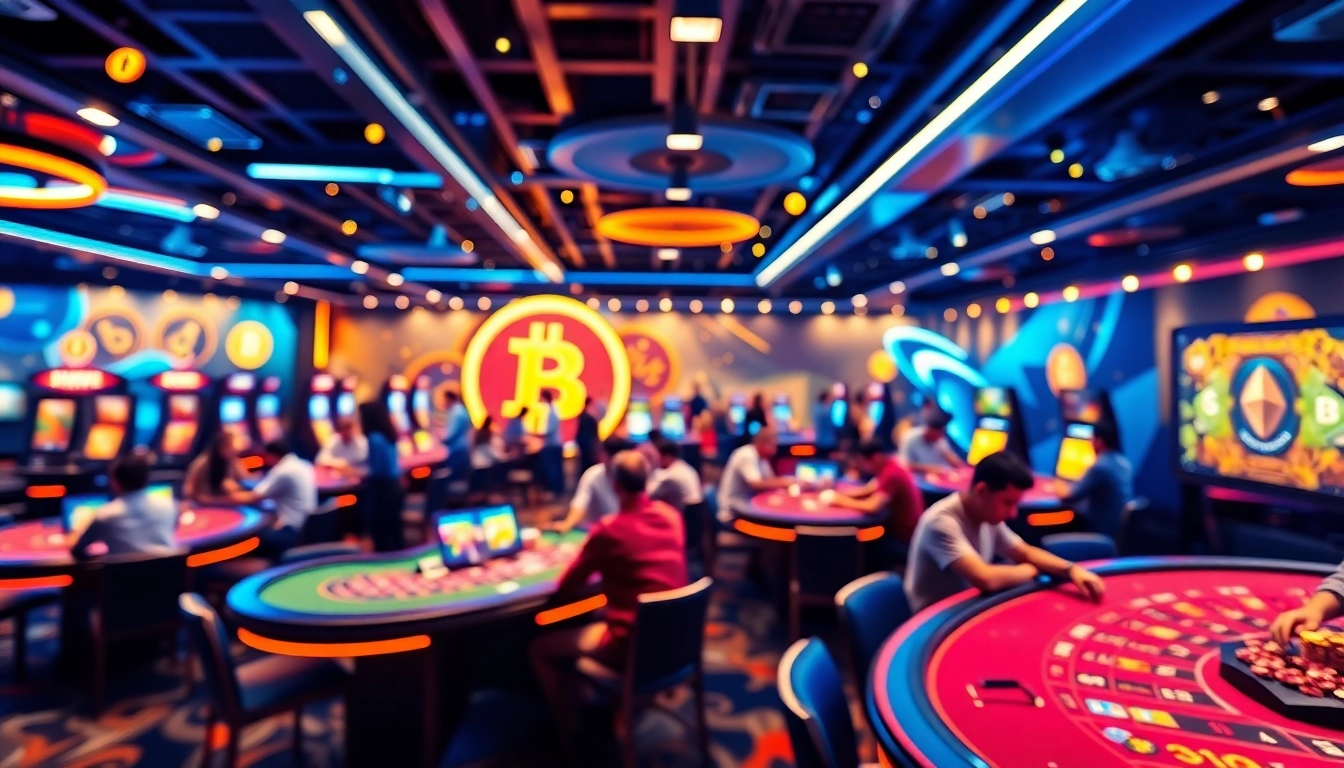 Jouez et gagnez dans le crypto casino avec des lumières dynamiques et des tables de jeux animées. related image