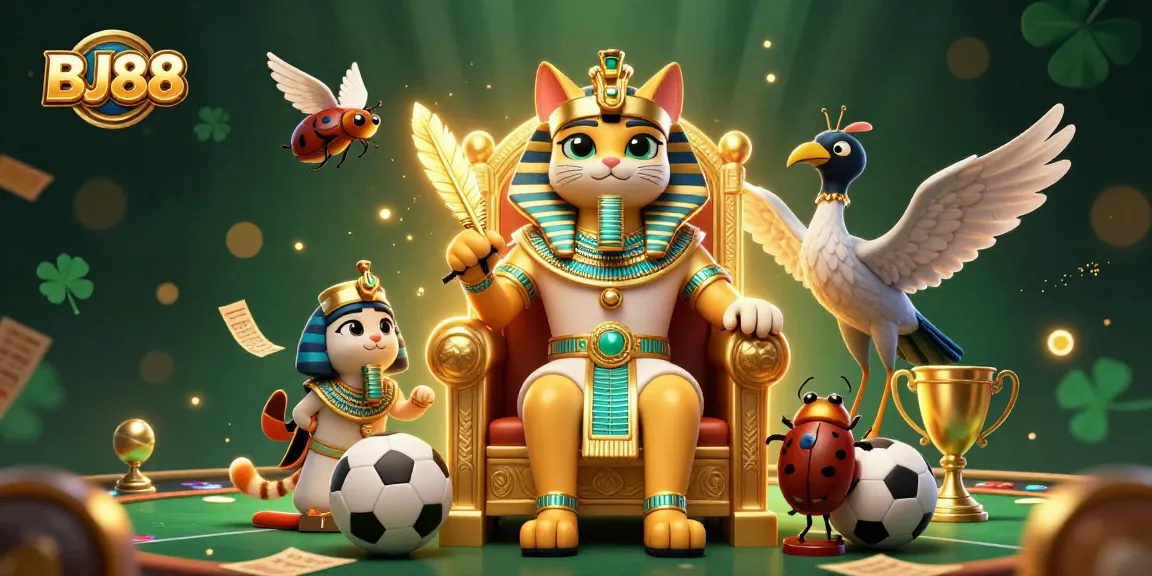 Engage with BJ88's sports betting excitement featuring thrilling elements and a captivating pharaoh cat scene.