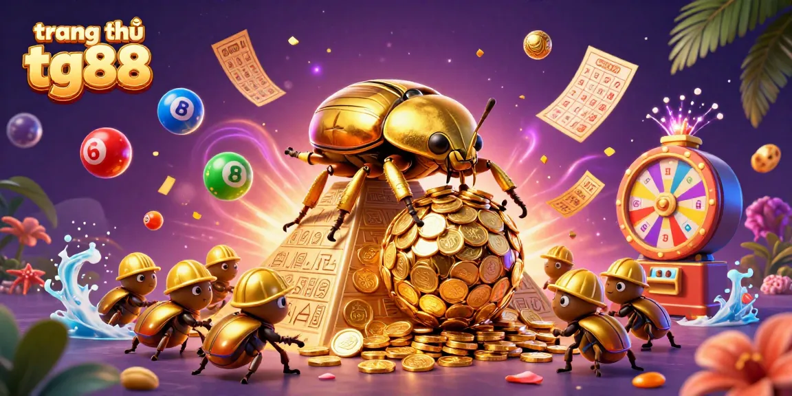 Engage with the excitement at trang chủ tg88 where a golden dung beetle rolls coins amidst vibrant casino elements.
