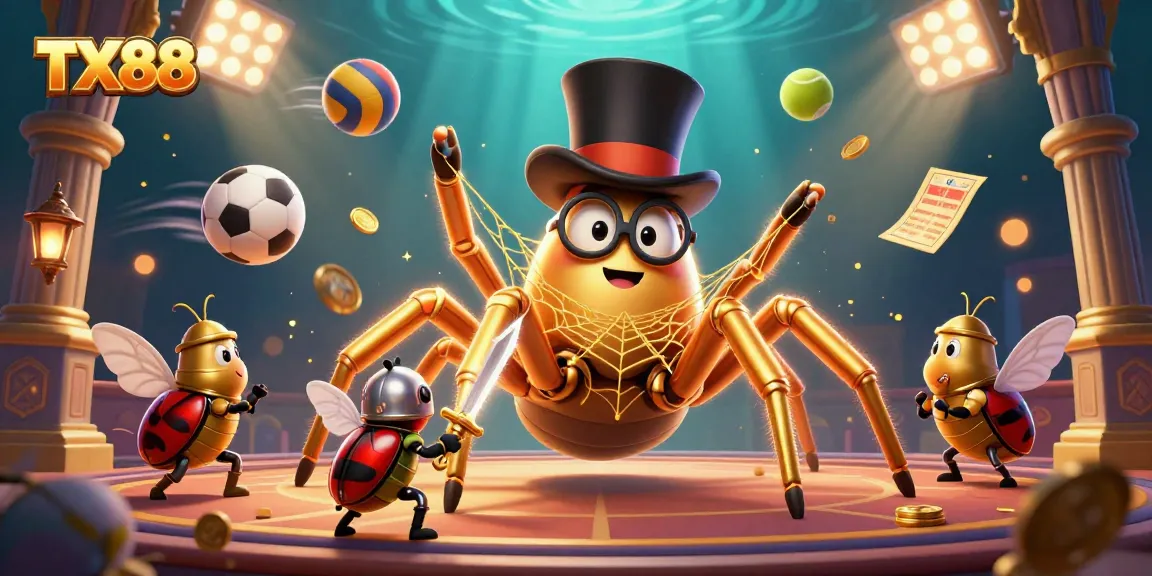 Experience high-stakes gaming with TX88 as a golden tarantula weaves a web of victory in a vibrant casino.