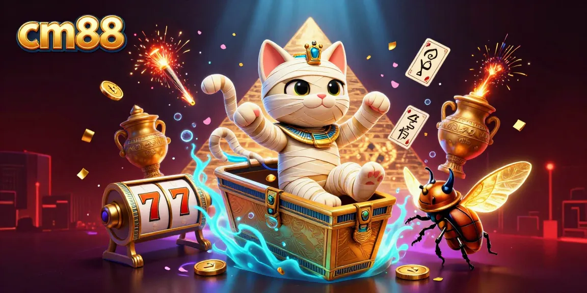 Spin jackpots and win big with cm88 in a vibrant pyramid casino scene with an Egyptian mummy.