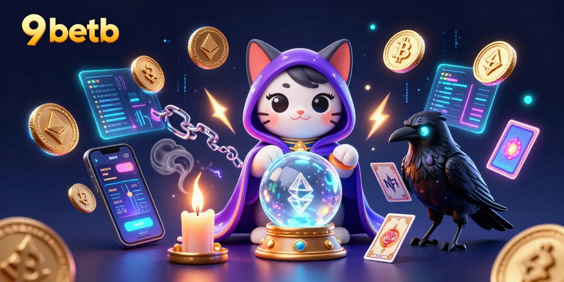Play at 9betb: Captivating mystic scene with fortune teller and crypto elements.